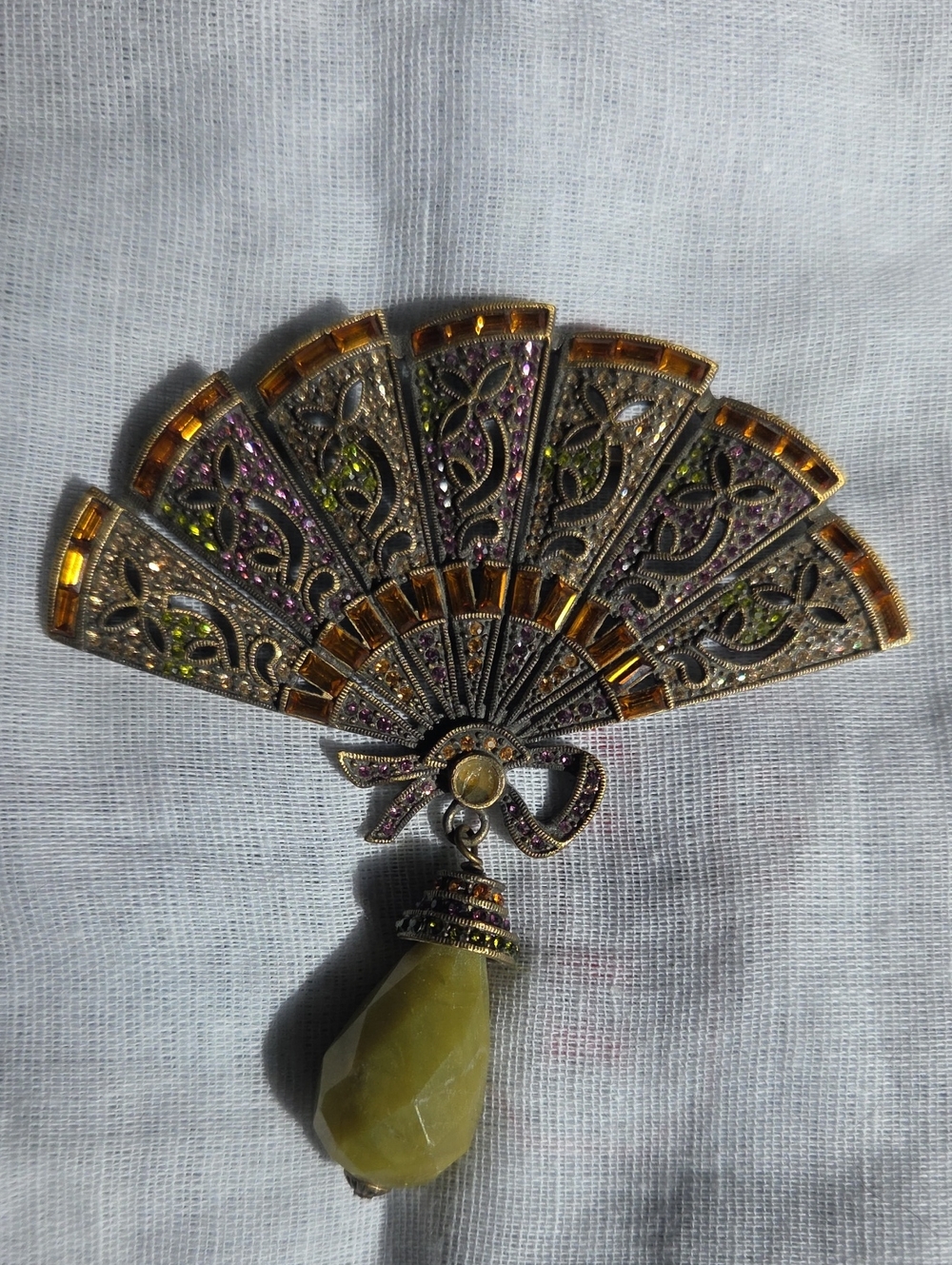Heidi Daus Vintage-Inspired Fan Brooch with Olive Green Drop